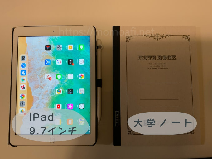 iPadと大学ノートの大きさ比較